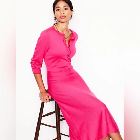 Boden Scallop Henley Knitted Dress in Pink Peony - Picture 3 of 10